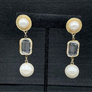 💍 Fashion Earrings Faux Pearl Clear Cabochon Gold Tone Drop Dangle Pierced